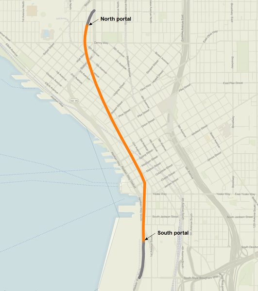 Route map of Alaskan Way Viaduct replacement tunnel