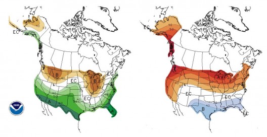 A U.S. projection for trends in precipitation (left) and temperature (right) during the first three months of 2016. Washington state is expected to be drier (brown) and warmer (red) than usual, in this Dec. 17 seasonal forecast.