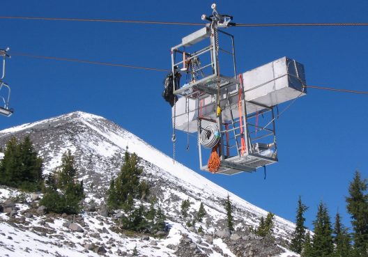 Researchers use the ski lifts to carry equipment to sample air on the summit. A radon sensor travels to the peak of Mount Bachelor.