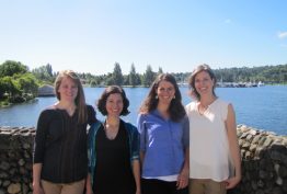 (From left) Team members Hillary Scannell, Eleni Petrou, Leah Johnson and Kate Crosman connect on the UW’s waterfront.