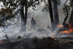 A tribal fire crew member in Oregon monitors a prescribed burn, a key tool for preventing large wildfires that are likely to become more common under climate change.