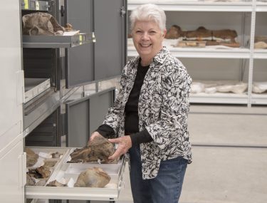 Elizabeth Nesbitt with some of the whale fossils in the Burke Museum’s collection.