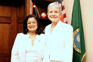 Dean Lisa Graumlich and Representative Pramila Jayapal.