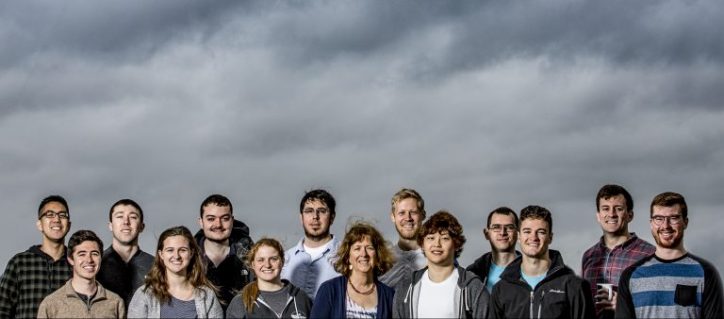 Faculty lead Lynn McMurdie, center, and some of the students from the winning UW team pose on the roof of the Atmospheric Sciences-Geophysics Building.