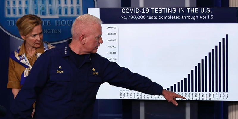 A member of the White House COVID-19 task force pointing at a graph