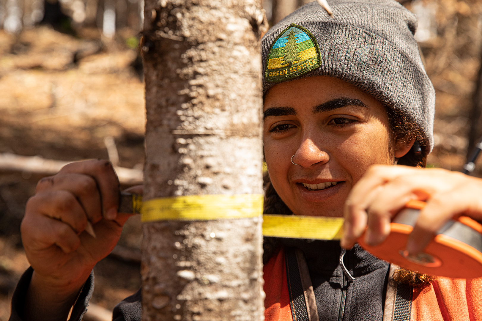 student measuring a tree