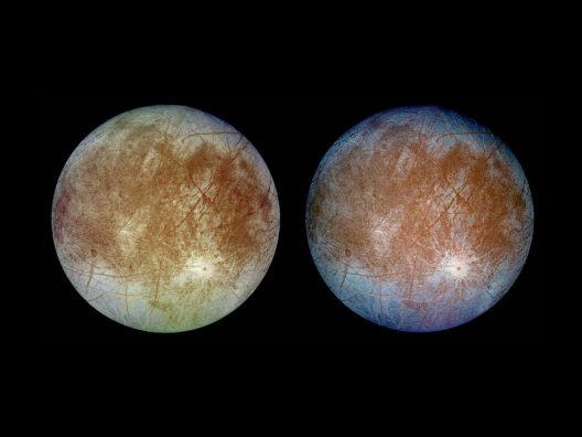 This image, taken by the Galileo spacecraft in 1996, shows two views of Jupiter’s ice-covered satellite, Europa. The left image shows the approximate natural color while the right is colored to accentuate features. Europa is about 3,160 kilometers (1,950 miles) in diameter, or about the size of Earth’s moon.