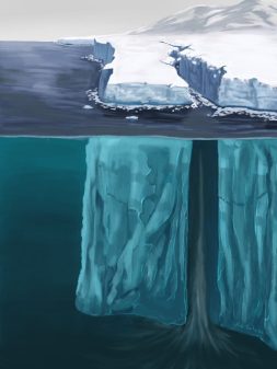 Illustration of an iceberg with a rift extending from the above water surface to well below under the water